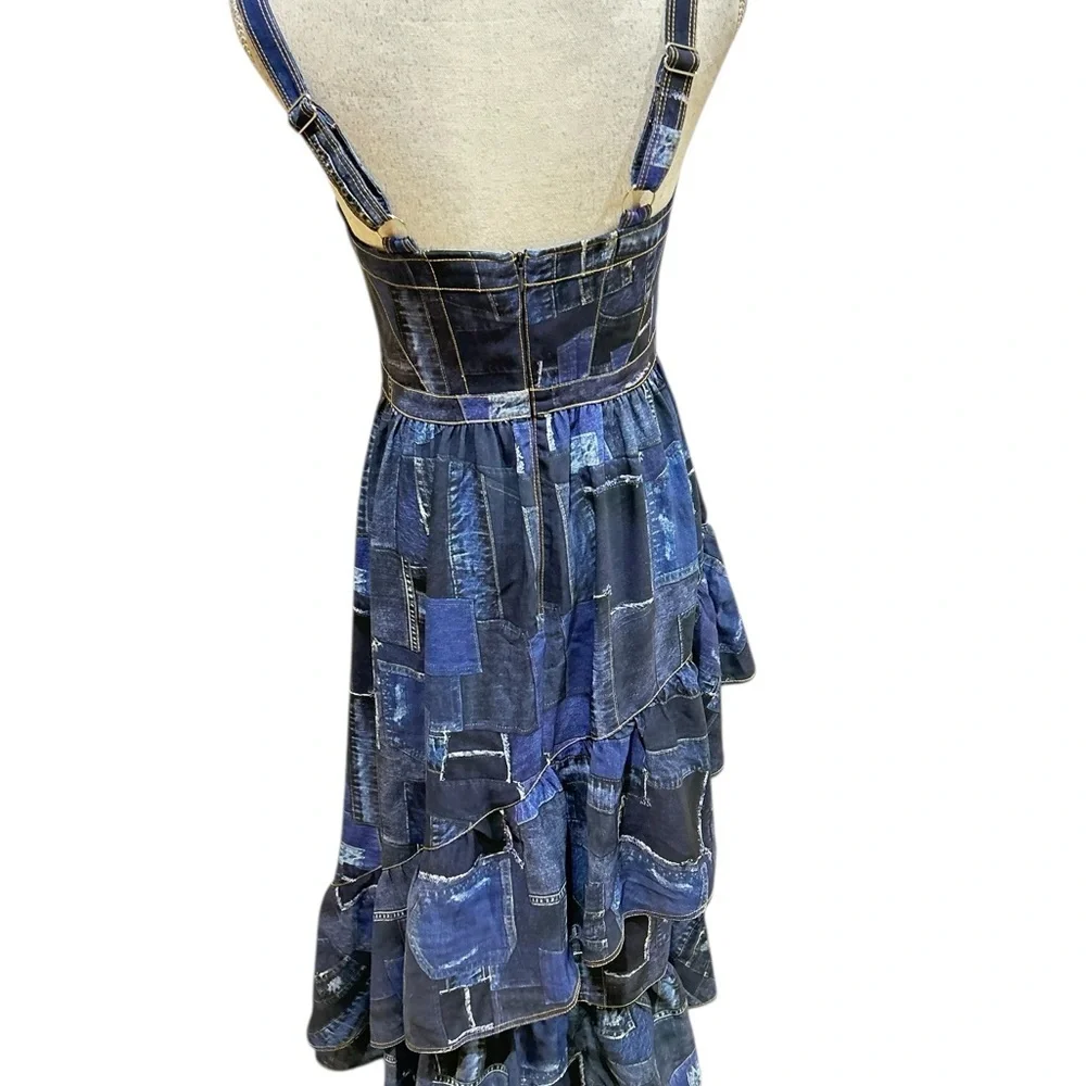Cinq à Sept Jordyn Navy blue Patchwork tiered ruffle Midi cocktail Dress size 6 - Picture 12 of 16